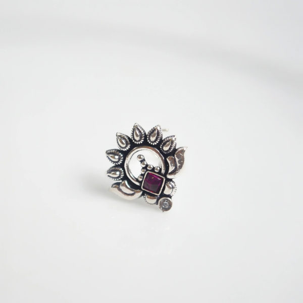 Designer silver nose pin | pink stone silver nosepin