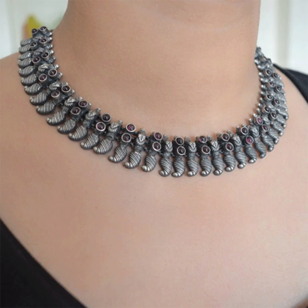 Pink stone oxidised silver choker | Elegant design silver choker