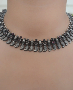 Pink stone oxidised silver choker | Elegant design silver choker