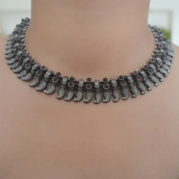 Pink stone oxidised silver choker | Elegant design silver choker