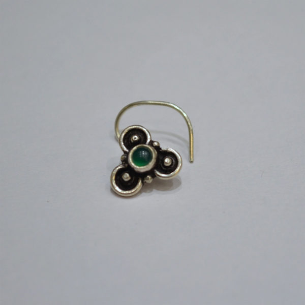 Oxidised & green stone Silver nose pin