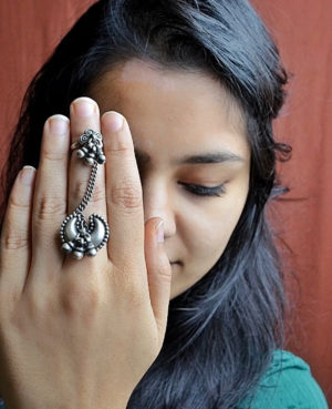 Trendy oxidized moon silver sing | Modish flower silver ring