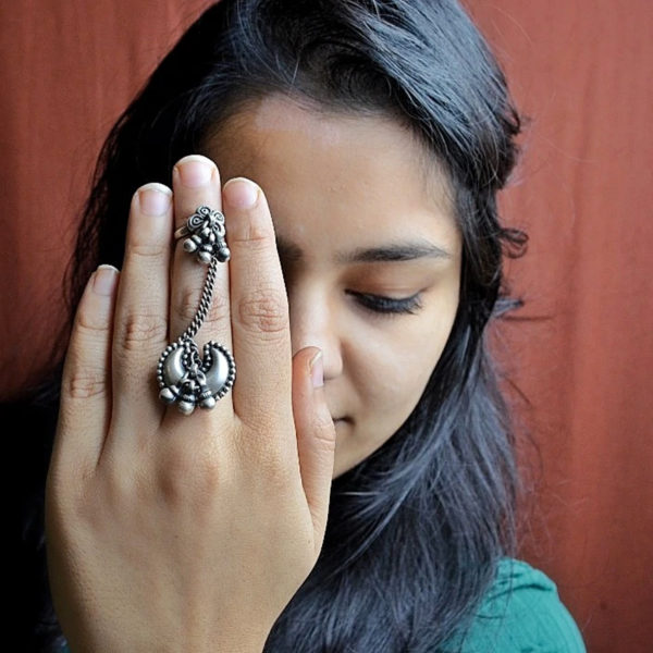 Trendy oxidized moon silver sing | Modish flower silver ring