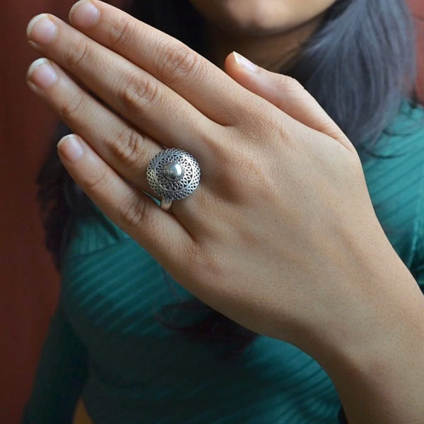 Statement silver ring | Carving silver bead ring