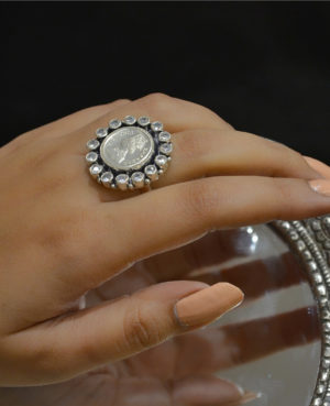 Coin silver ring | White stone silver ring