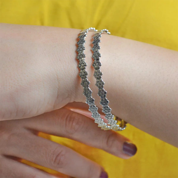 Flower Motif Silver Bangle