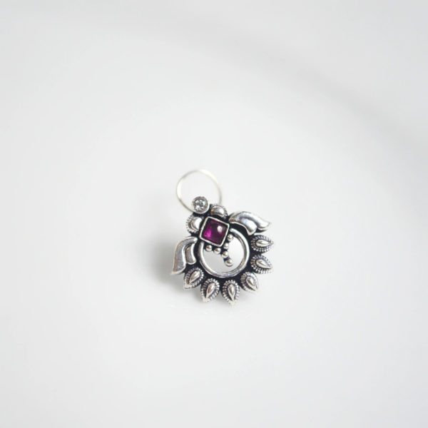 Designer silver nose pin | pink stone silver nosepin