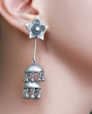 Flower stud jhumki edge | silver double jhumki bottom