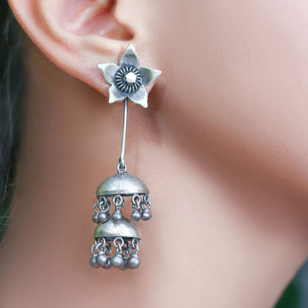 Flower stud jhumki edge | silver double jhumki bottom