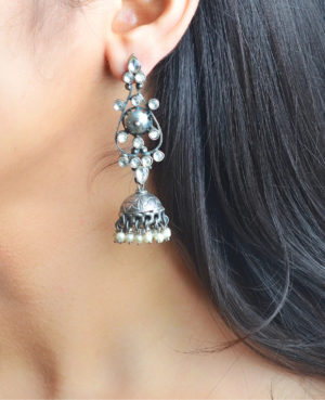 Silver Jhumki with Beautiful Design | Silver Earring Precious Diamonds