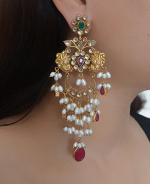 Kundun silver earring | Gold polish kundan dangler