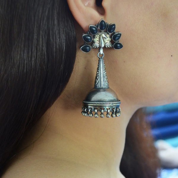 Peacock with black stone feather silver earring