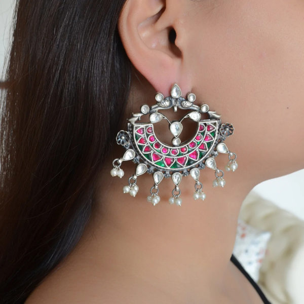 Kundan Chand shape silver stud