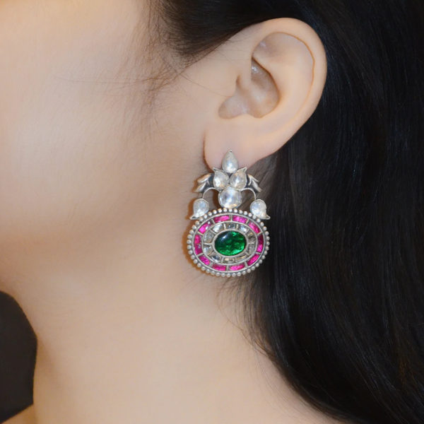 Lovely jadau silver earring | Green and pink jadau stud