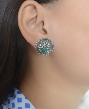 Green stone silver ear stud | Silver alloy studs