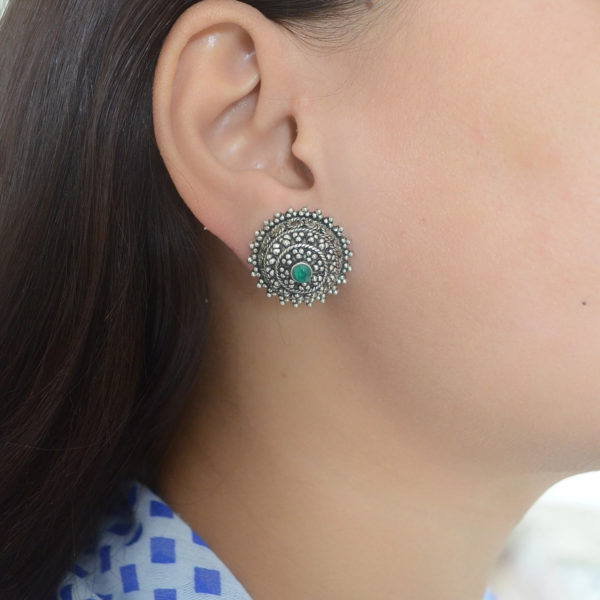 Green stone silver ear stud | Silver alloy studs