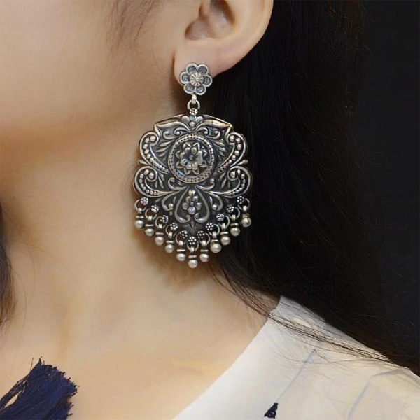 Gorgeous classic silver earring | Tribal motif danglers