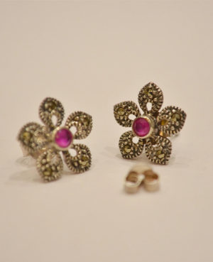 Pink stone flower stud | magnificent silver stud