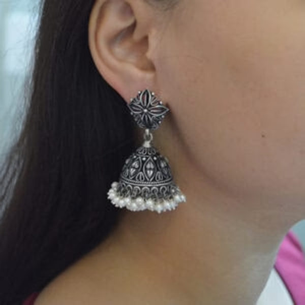 Oxidized SIlver jhumki with white beads base