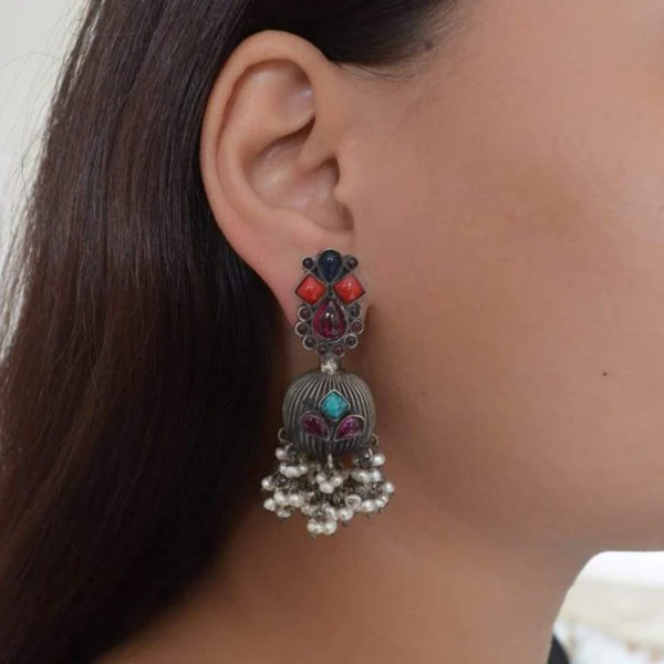 Multi colour stone silver danglers | Beautiful earring