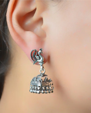 Elegant Silver earring peacock design with Jhumka on base