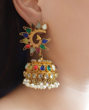 Multi-color Gold Polish SIlver Jhumki | kundan Jhumki