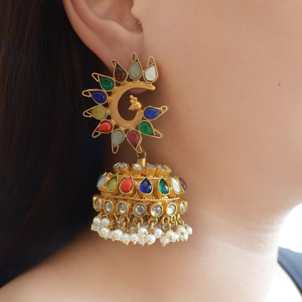 Multi-color Gold Polish SIlver Jhumki | kundan Jhumki