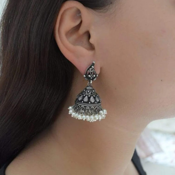 Silver mini Jhumki | White pearl jhumki