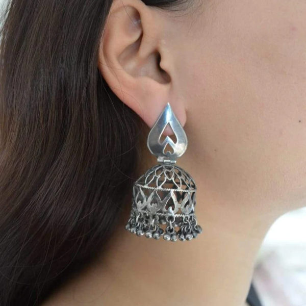 SIlver jhumka | Carved Silver danglers