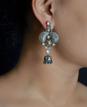 Feather Motif silver earring with Mini jhumki