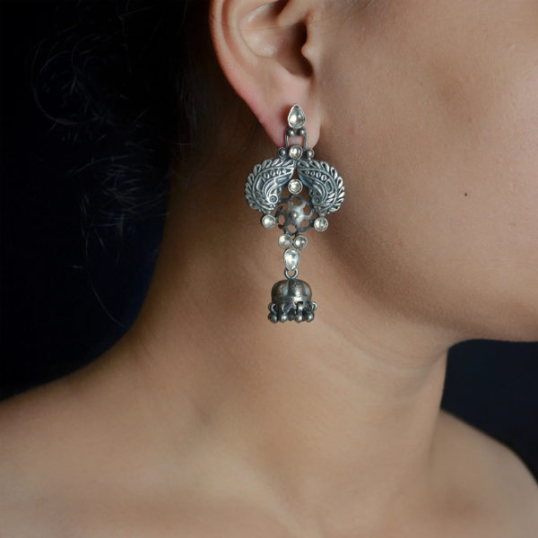 Feather Motif silver earring with Mini jhumki