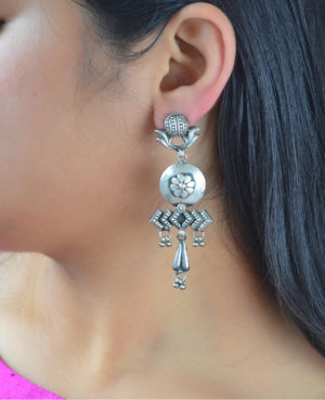 Fancy Silver Earring with Floral Motif | Flower Silver Dangler