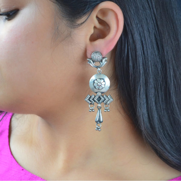 Fancy Silver Earring with Floral Motif | Flower Silver Dangler