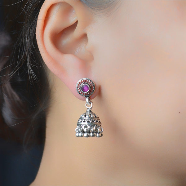 Silver Earrings With Rose Pink Pearl | Ethnic Silver Jhumkas