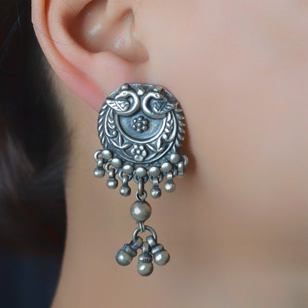 Silver studs with hanging beads & bird motif