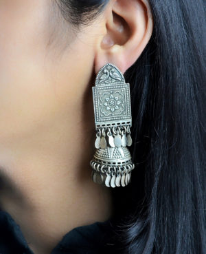 Square Stud Jhumka with Flat droplets silver earrings