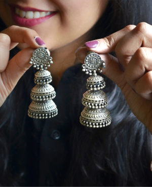 Silver Ethnic Triple Jhumki Earrings | Three Layer Silver Earring