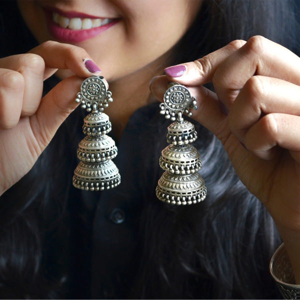 Silver Ethnic Triple Jhumki Earrings | Three Layer Silver Earring