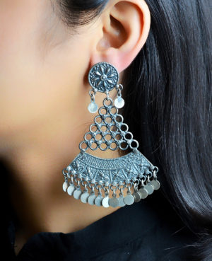 Beautiful piece of silver earring with chain work | Statement Earring