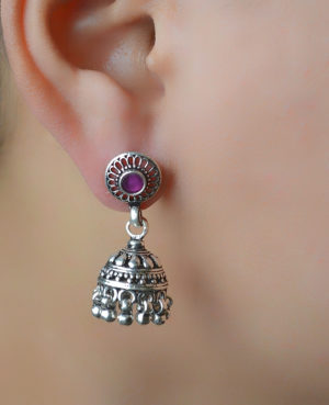 Silver Earrings With Rose Pink Pearl | Ethnic Silver Jhumkas