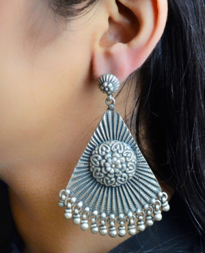 Cone Shaped Silver Earring | Floral Design Silver Dangler