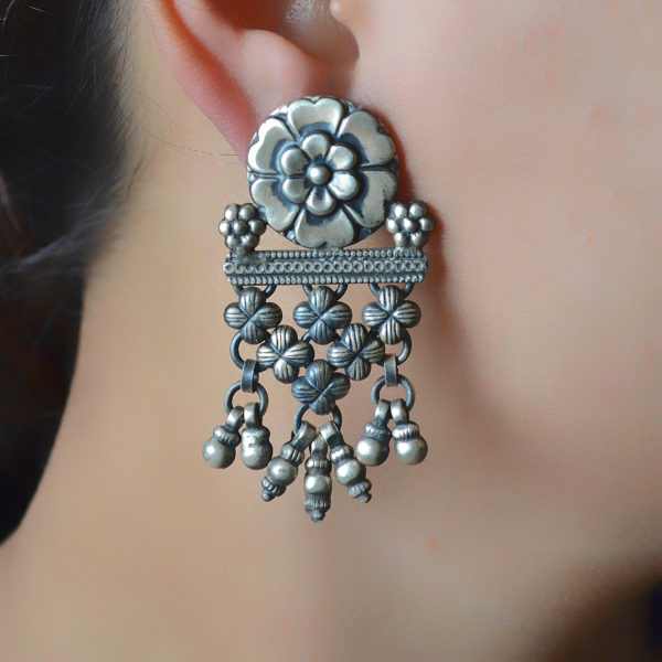 Flower Design Silver Earring | Elegant Silver Dangler