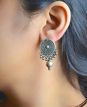 Silver stud with beads on the base | Circle Designer Stud Silver Earring