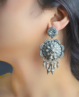 Ethnic old style temple ceiling silver earrings