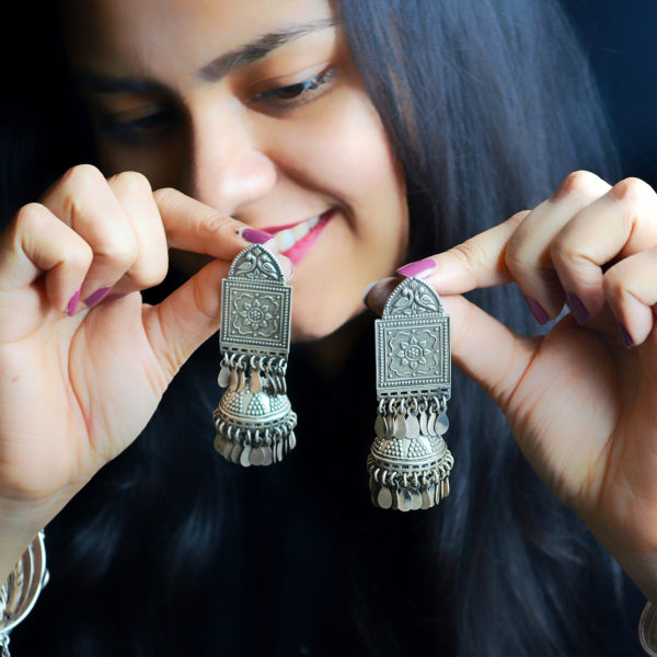 Square Stud Jhumka with Flat droplets silver earrings