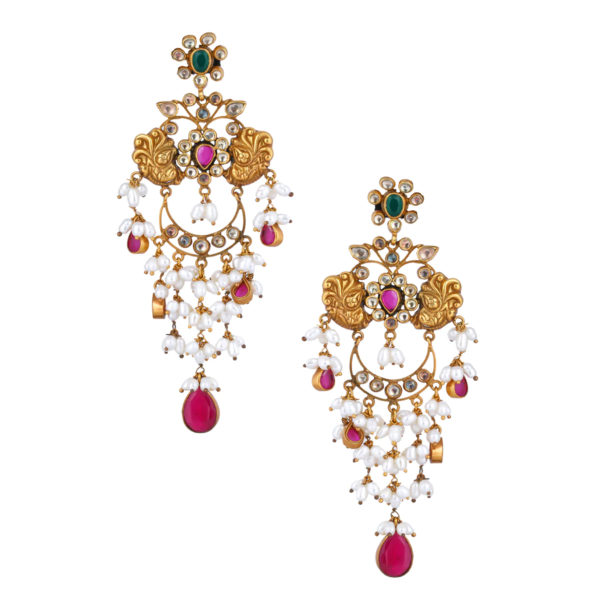 Kundun silver earring | Gold polish kundan dangler