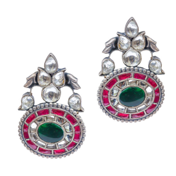 Lovely jadau silver earring | Green and pink jadau stud