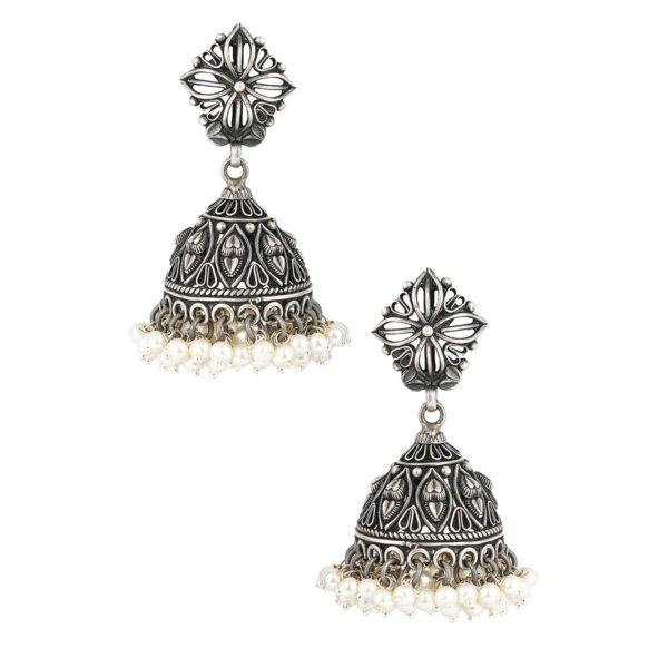 Oxidized SIlver jhumki with white beads base