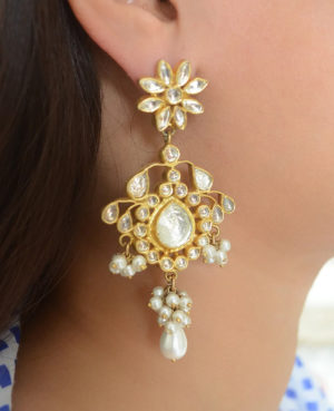 Kundan Motif Silver Danglers