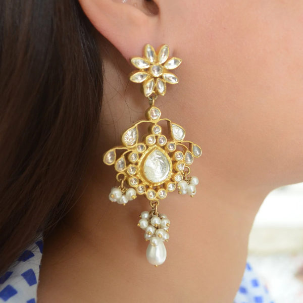 Kundan Motif Silver Danglers